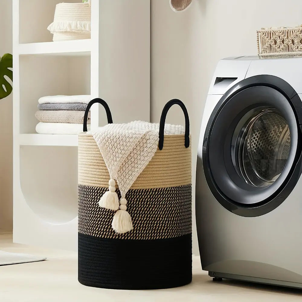 Gevlochten Wasmand Katoen 58L - Natuurlijk Opbergoplossing met Stevige Handvatten - Opvouwbare Wasmand voor Slaapkamer en Badkamer