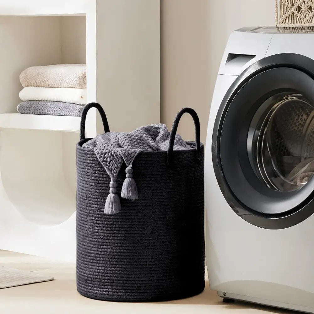 Gevlochten Wasmand Katoen 58L - Natuurlijk Opbergoplossing met Stevige Handvatten - Opvouwbare Wasmand voor Slaapkamer en Badkamer