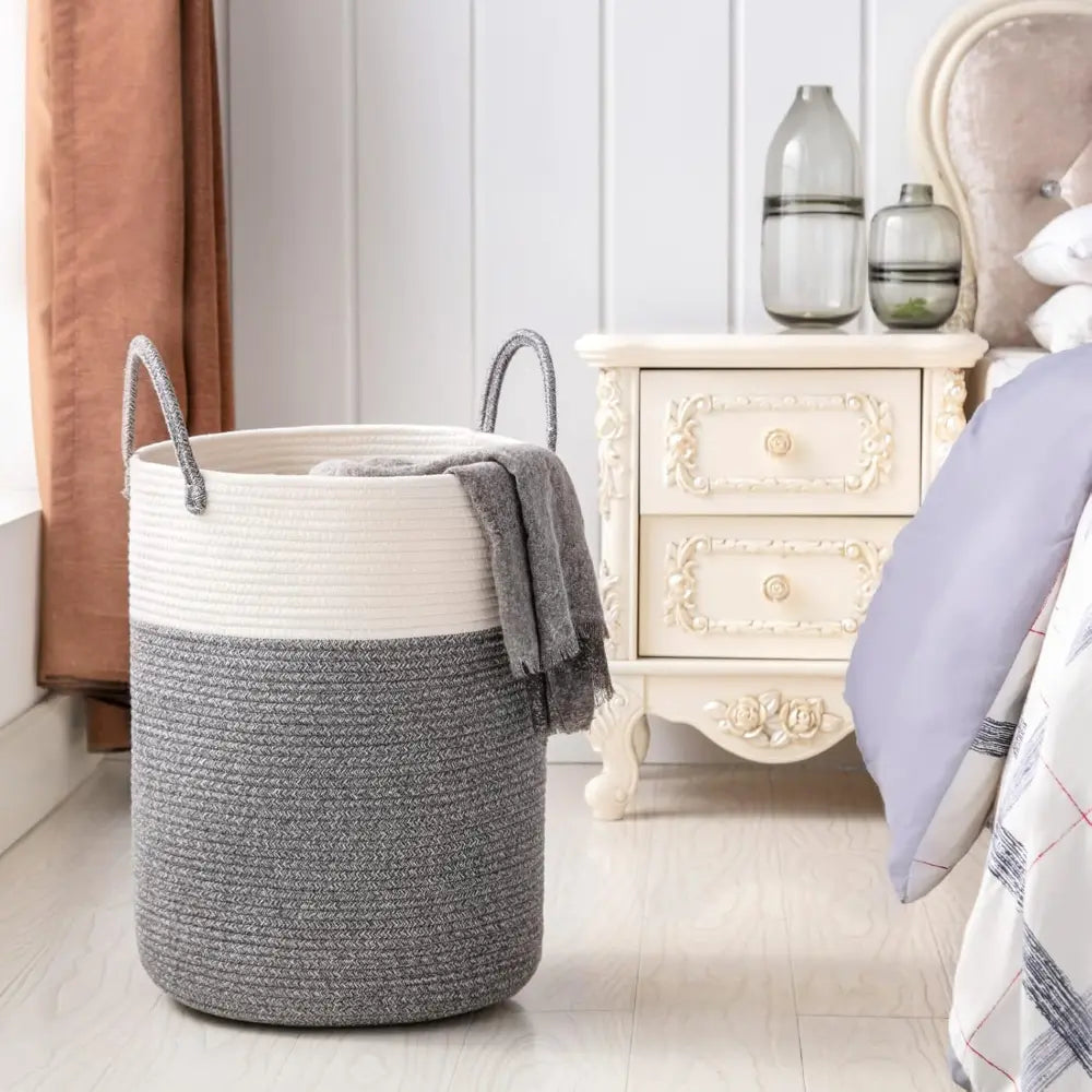 Gevlochten Wasmand Katoen 58L - Natuurlijk Opbergoplossing met Stevige Handvatten - Opvouwbare Wasmand voor Slaapkamer en Badkamer