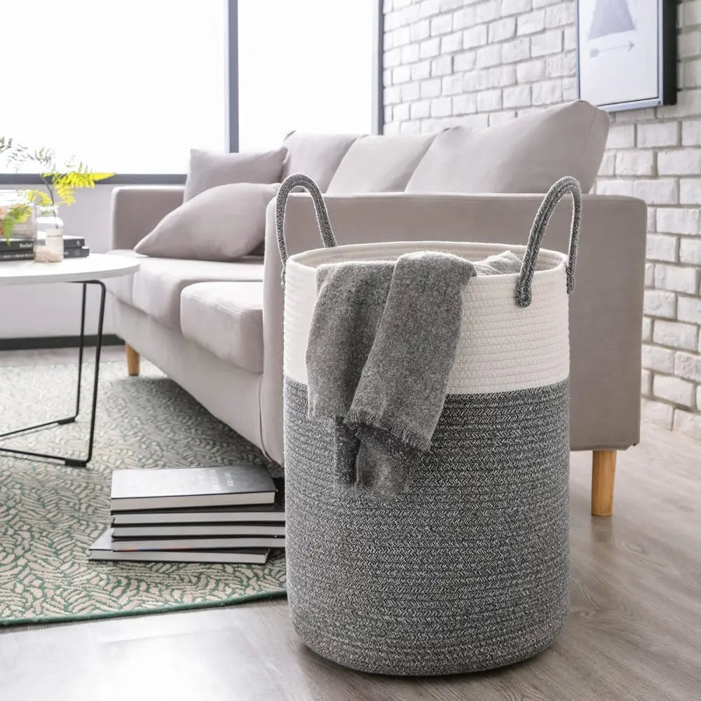 Gevlochten Wasmand Katoen 58L - Natuurlijk Opbergoplossing met Stevige Handvatten - Opvouwbare Wasmand voor Slaapkamer en Badkamer
