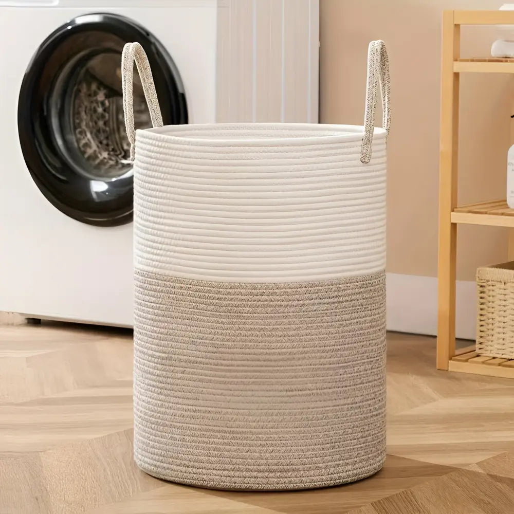 Gevlochten Wasmand Katoen 58L - Natuurlijk Opbergoplossing met Stevige Handvatten - Opvouwbare Wasmand voor Slaapkamer en Badkamer