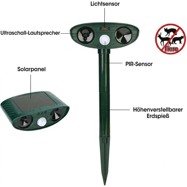 Dierenverschrikker op Zonne-Energie - PIR Bewegingssensor 110°, Bereik 9m, IP44 Weerbestendig voor Tuin en Erf