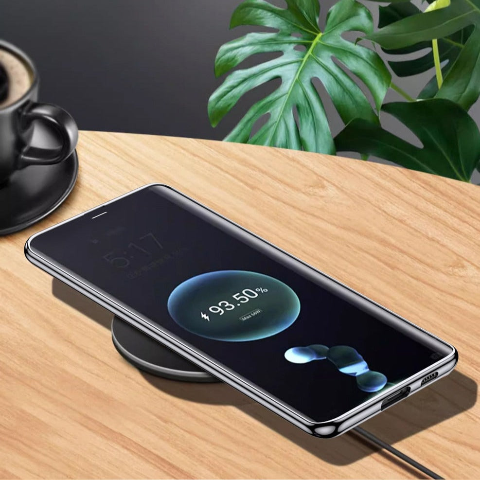 Smartphone Hoesje Echt Rundleer met Gemetalliseerde Zijkanten Samsung Galaxy S21-S25 Note 20 Draadloos Laden