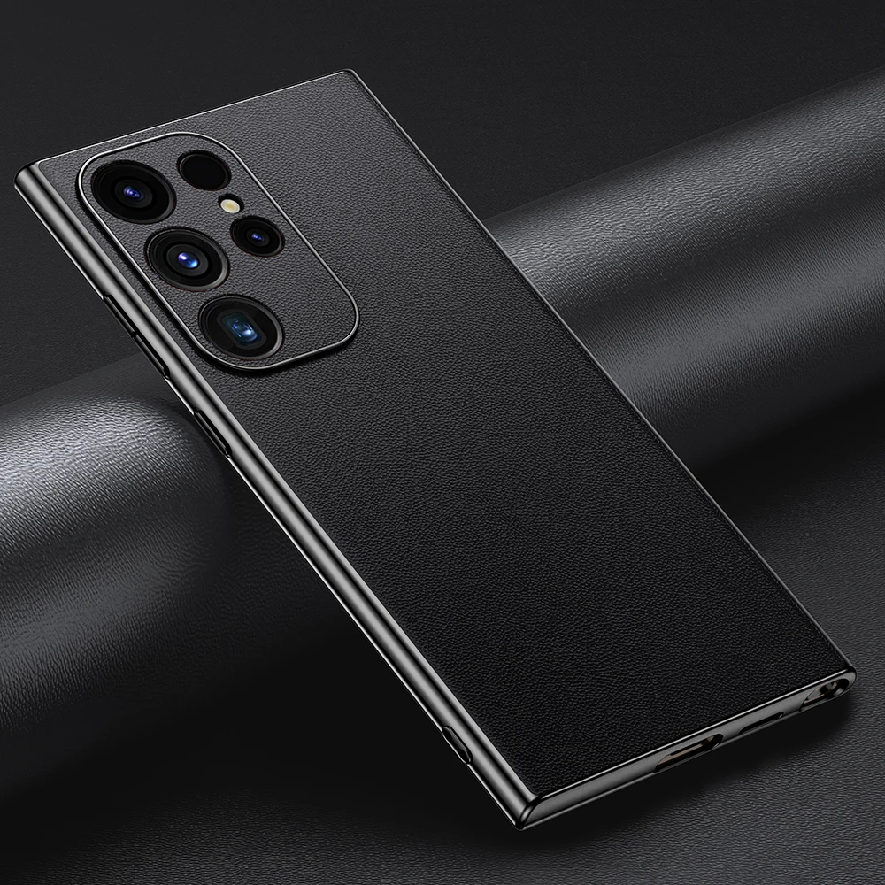 Smartphone Hoesje Echt Rundleer met Gemetalliseerde Zijkanten Samsung Galaxy S21-S25 Note 20 Draadloos Laden