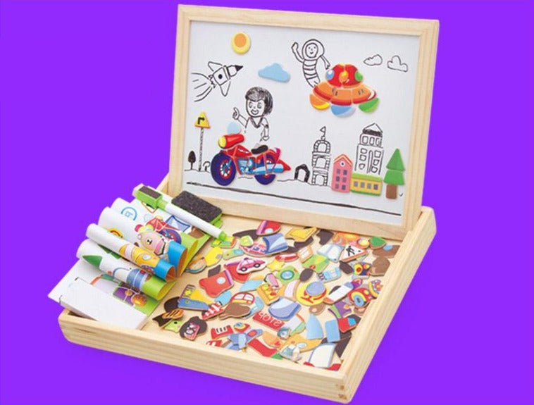 Magnetisch Teken- en Puzzelbord Hout - Dubbelzijdig Whiteboard en Schoolbord - Educatief Speelgoed met Magnetische Stukken - 30x23x3 cm