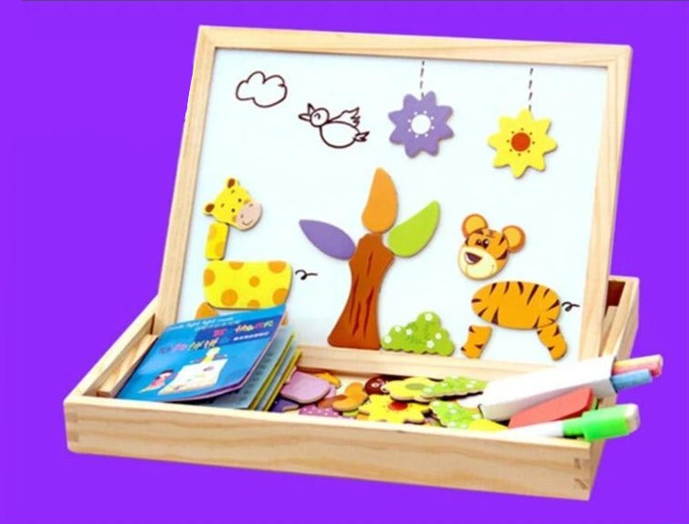 Magnetisch Teken- en Puzzelbord Hout - Dubbelzijdig Whiteboard en Schoolbord - Educatief Speelgoed met Magnetische Stukken - 30x23x3 cm