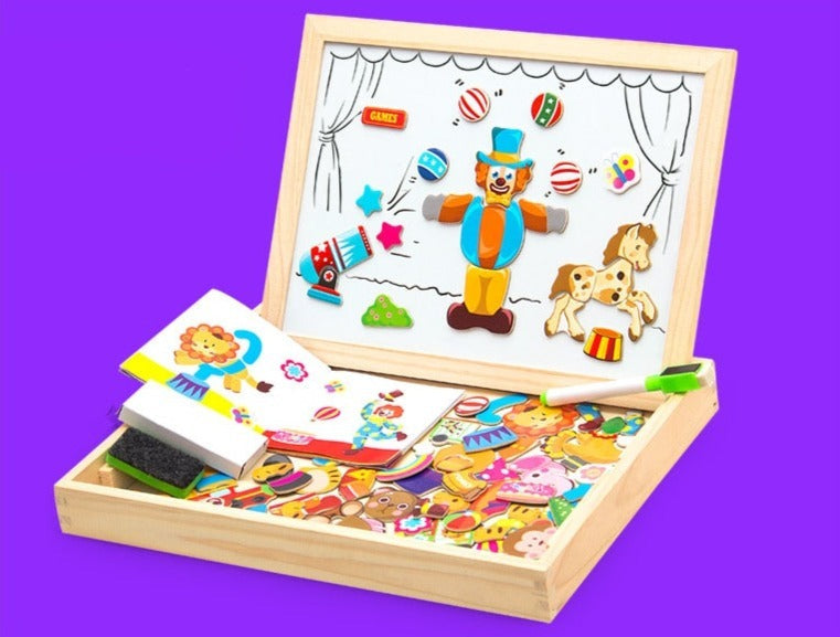 Magnetisch Teken- en Puzzelbord Hout - Dubbelzijdig Whiteboard en Schoolbord - Educatief Speelgoed met Magnetische Stukken - 30x23x3 cm