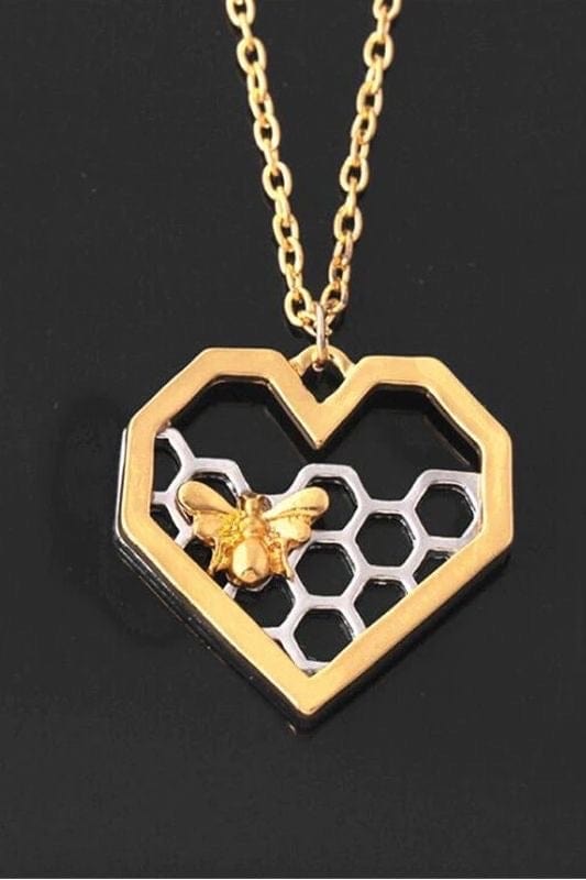 Hartvormige Honingraat Ketting met Vergulde Bij en Zilver voor Dames Cadeauidee Moederdag Verjaardag