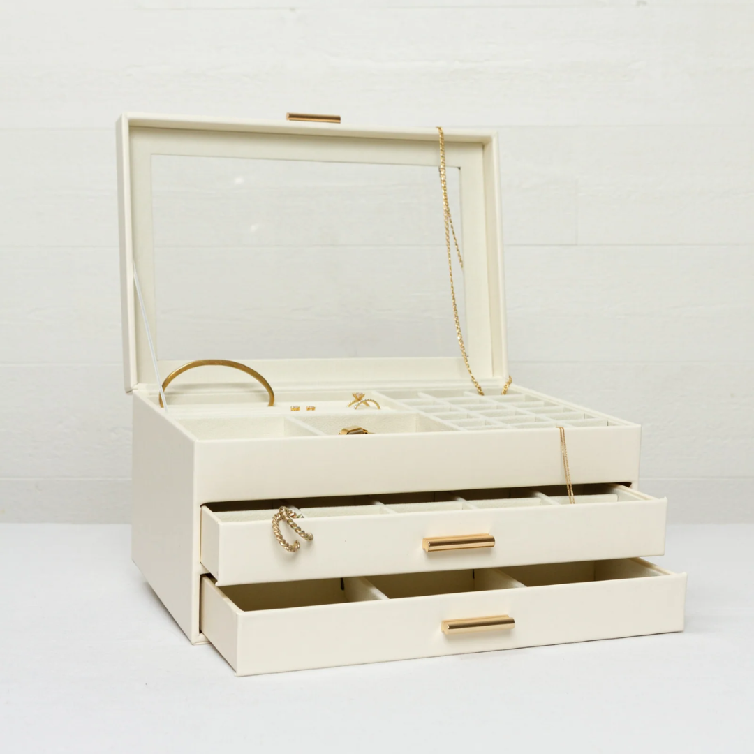 Sieradenbox met 3 Lagen en Glazen Deksel - Fluweel Beklede Opbergbox voor Juwelen - Magnetische Sluiting