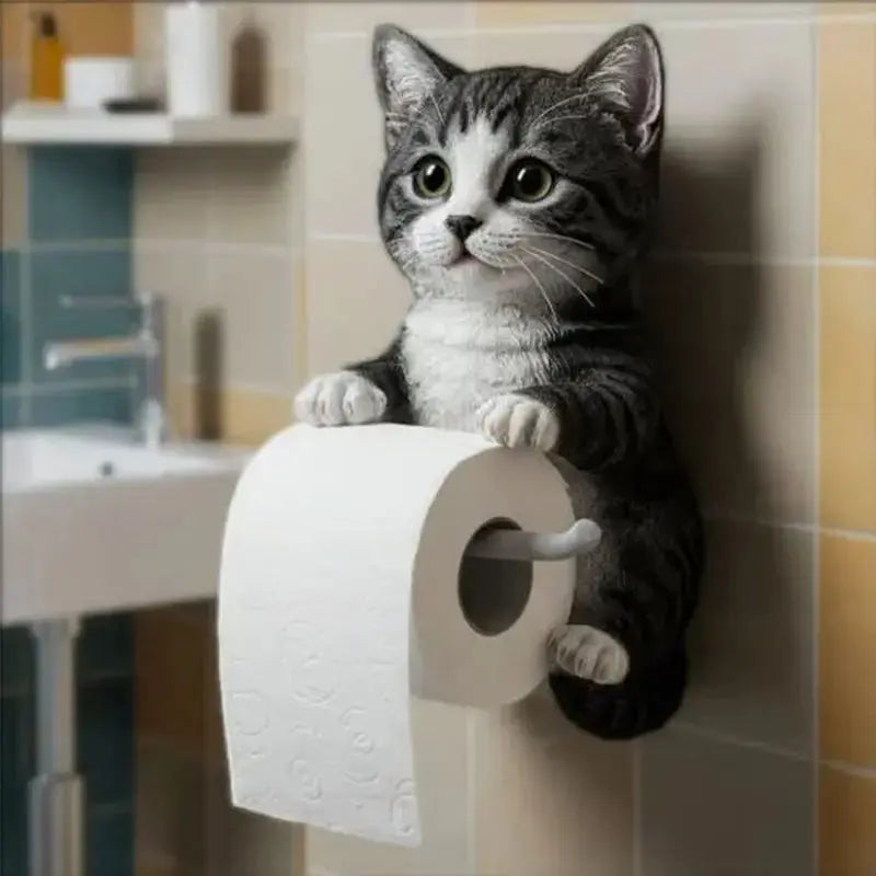 Toiletrolhouder Kat Kunsthars - Wandmontage Wc-Papierhouder met Kattenfiguur | Grijs Wit Zwart Oranje