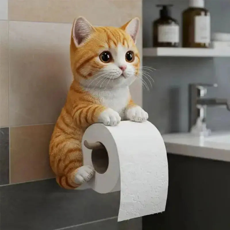 Toiletrolhouder Kat Kunsthars - Wandmontage Wc-Papierhouder met Kattenfiguur | Grijs Wit Zwart Oranje