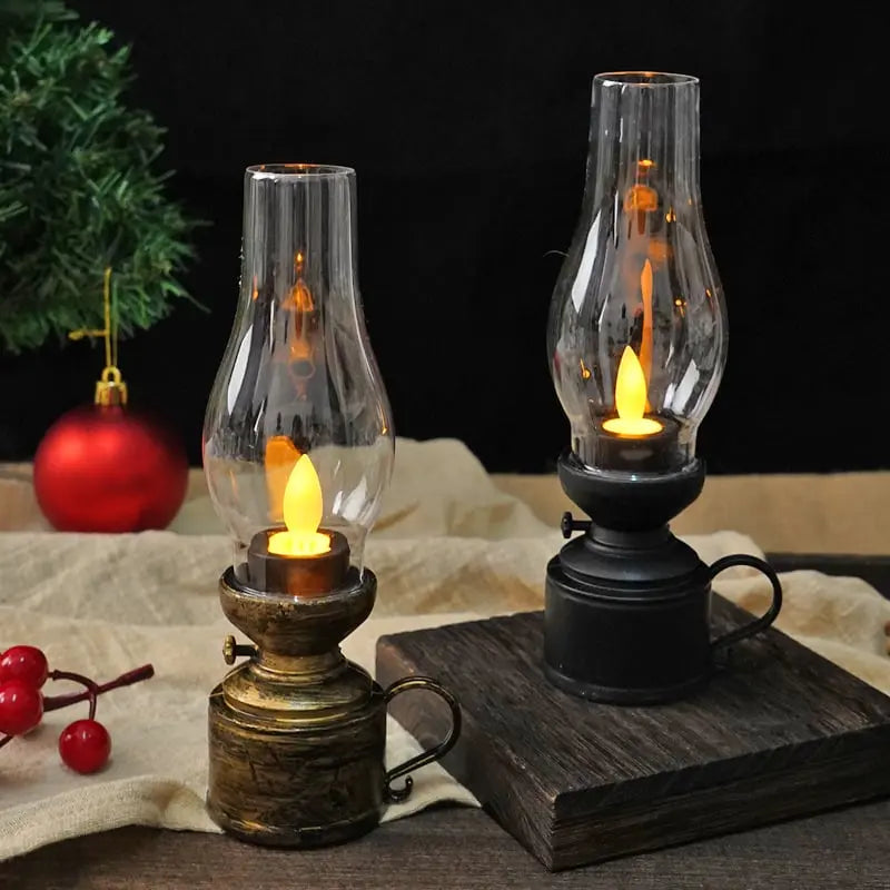 Vintage LED Lantaarn met Flikkerend Licht - Draadloos & Veilig - Decoratieve Sfeerverlichting Zwart Wit Brons