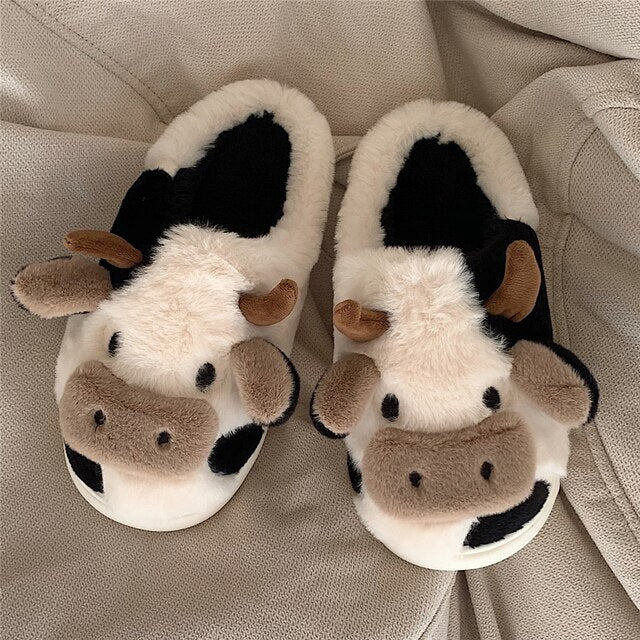 Pluche Huisslippers Koeienprint Dames Antislip Zool Zachte Voering Pantoffels Warm Winterschoeisel Comfortabel
