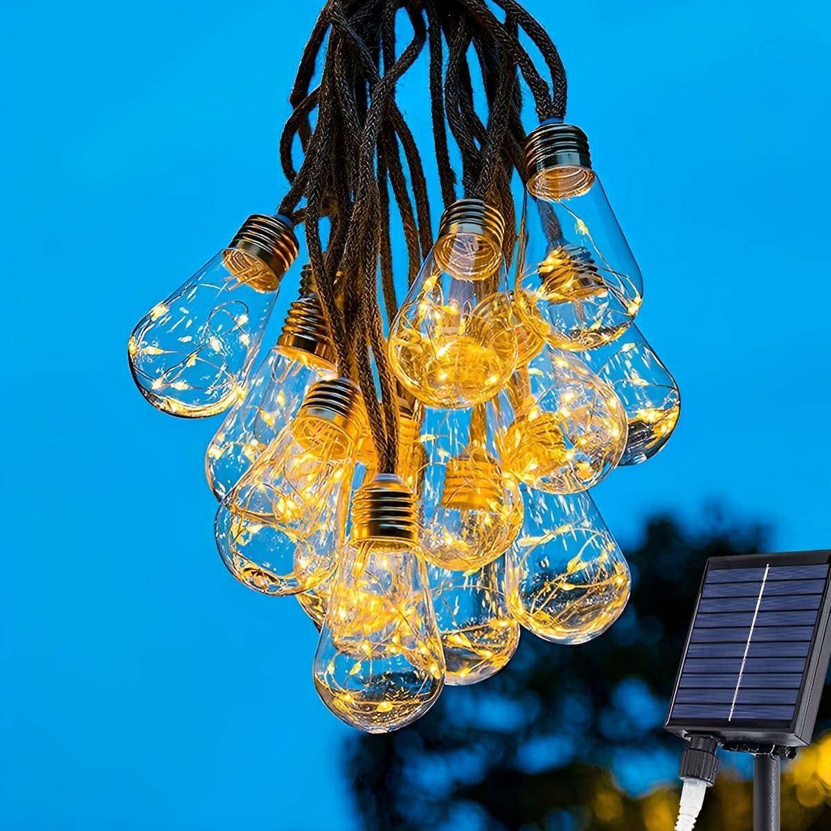 Solar LED Filament Lichtslinger Warm Wit 20 LED IP65 Waterbestendig Tuinverlichting Balkon Terras Feestdecoratie Retro Stijl Draadloos Energiezuinig Buitenverlichting Sfeerverlichting