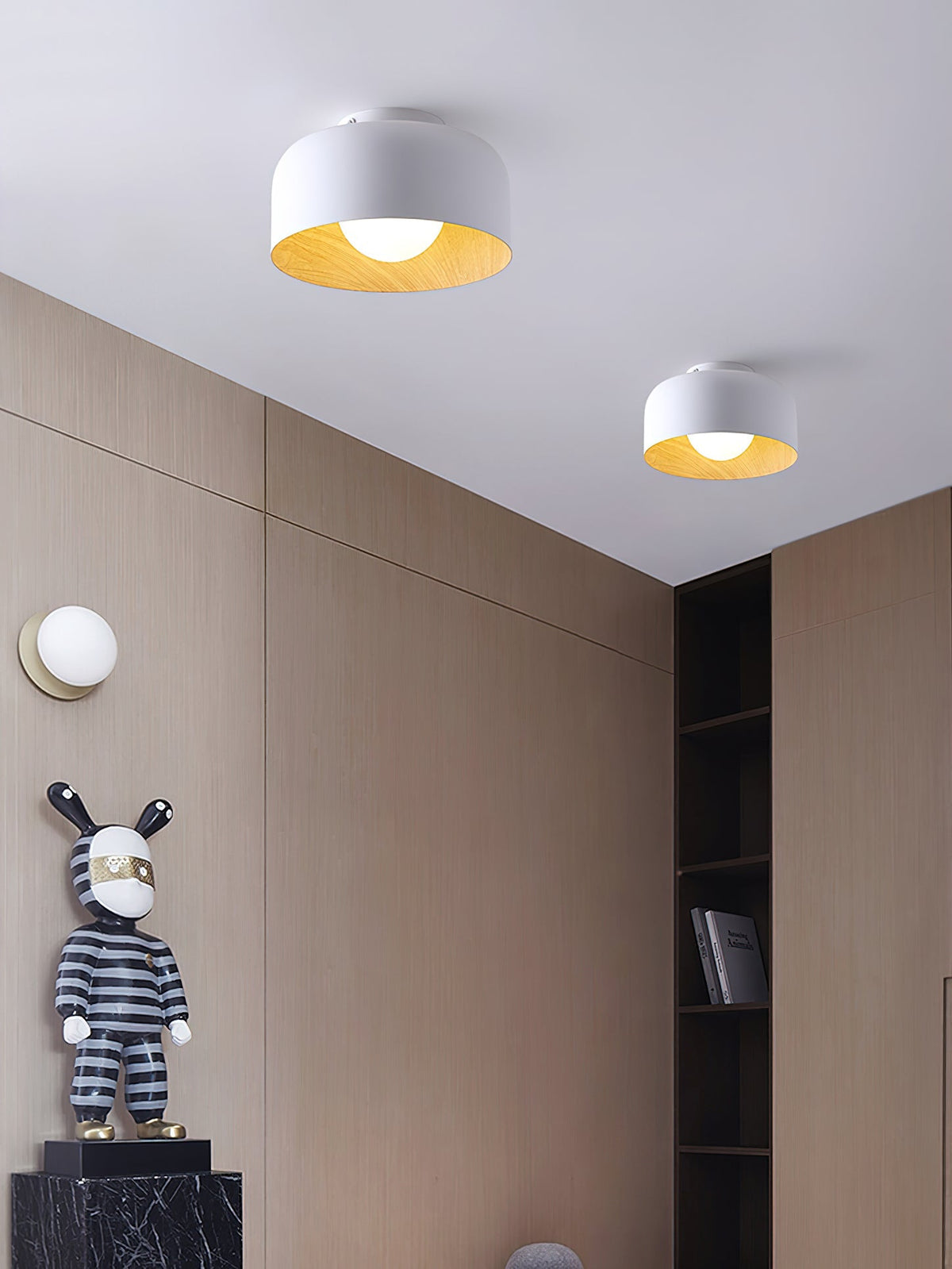 Ronde Plafondlamp met Houtnerf Interieur Glazen Bol ∅22 cm voor Hal Keuken Slaapkamer Wandmontage G9 Fitting