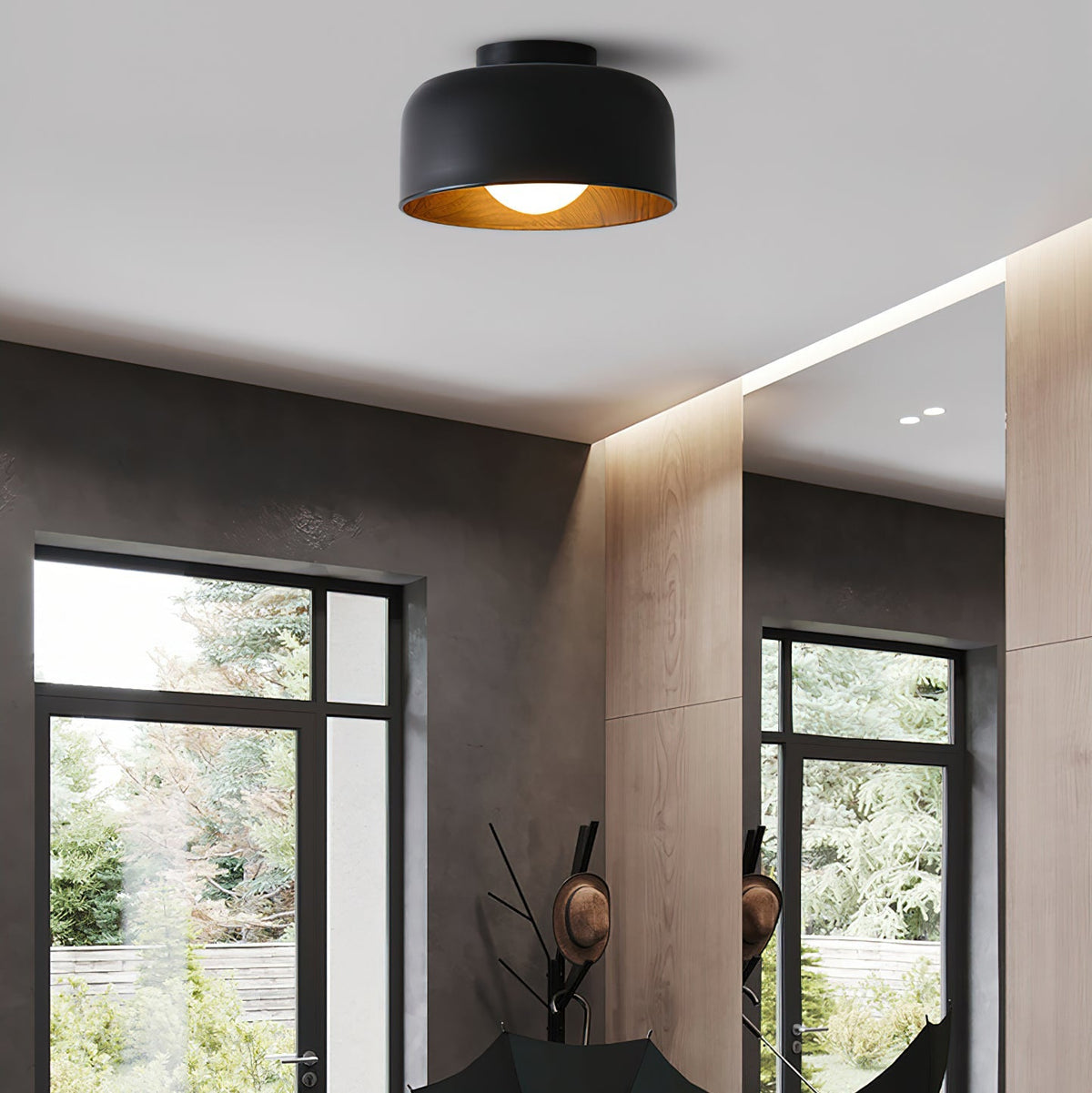 Ronde Plafondlamp met Houtnerf Interieur Glazen Bol ∅22 cm voor Hal Keuken Slaapkamer Wandmontage G9 Fitting