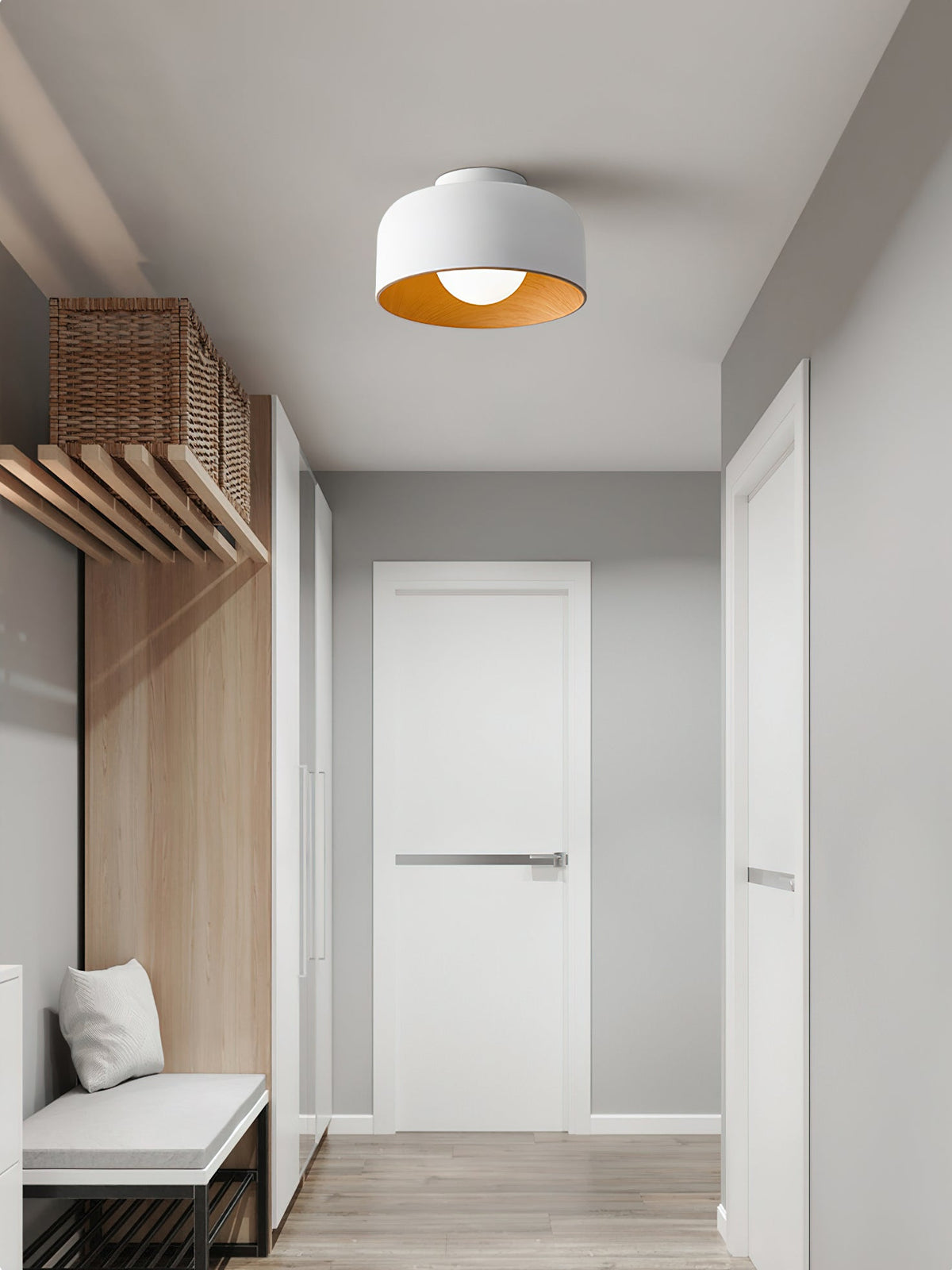 Ronde Plafondlamp met Houtnerf Interieur Glazen Bol ∅22 cm voor Hal Keuken Slaapkamer Wandmontage G9 Fitting