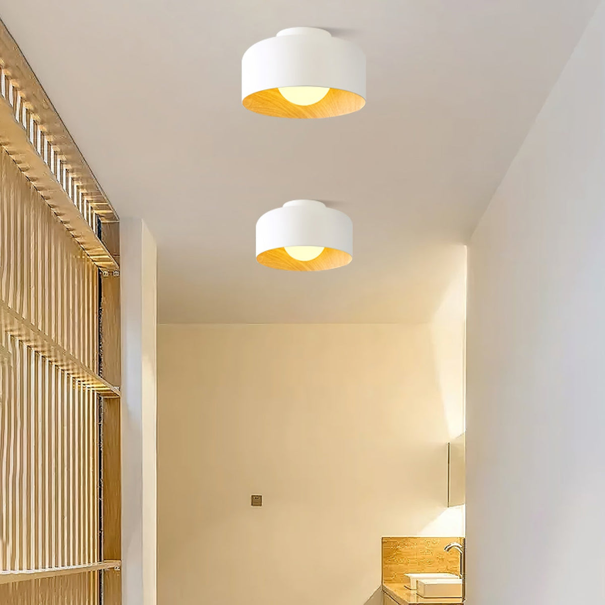 Ronde Plafondlamp met Houtnerf Interieur Glazen Bol ∅22 cm voor Hal Keuken Slaapkamer Wandmontage G9 Fitting