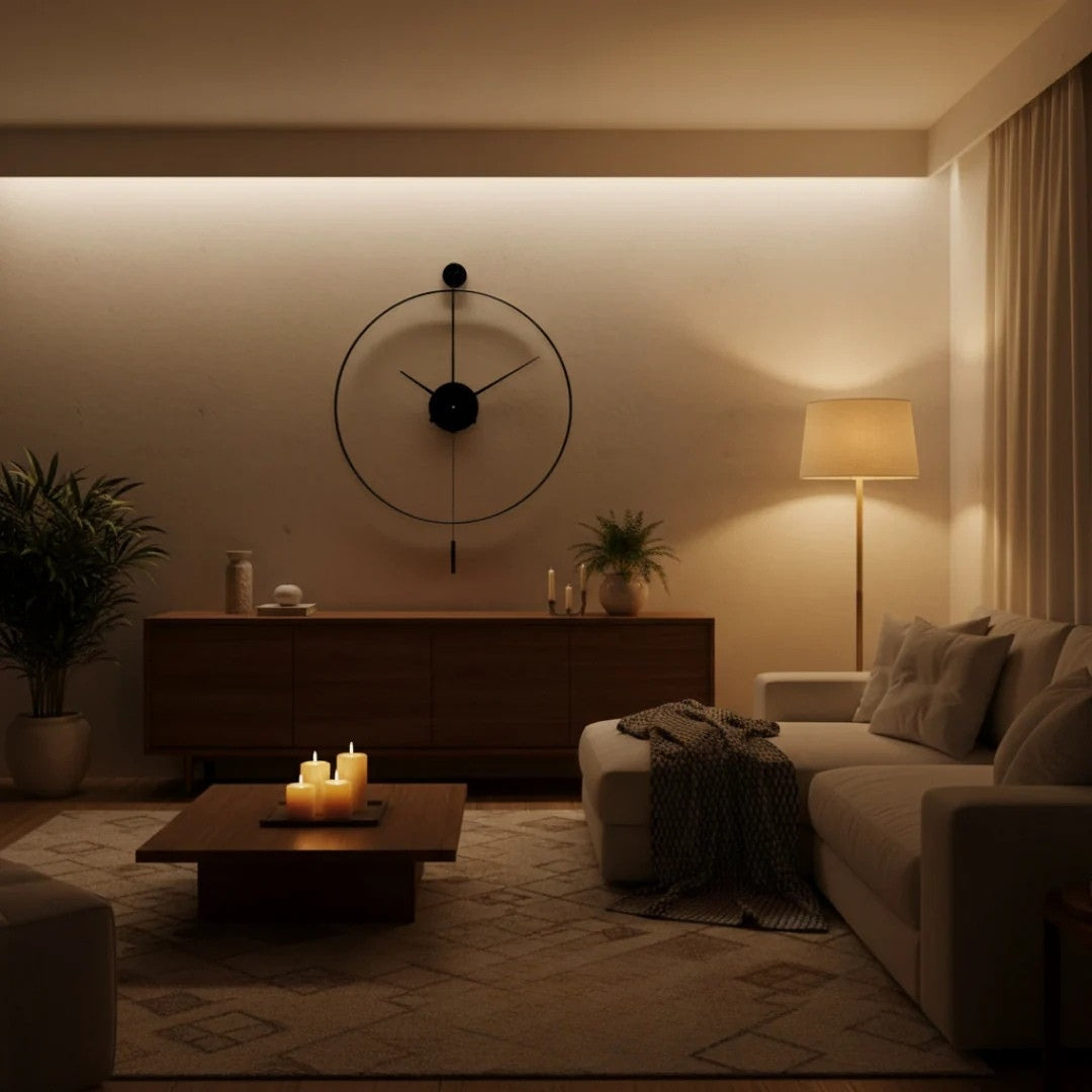 Grote Stille Wandklok met Elegante Pendel 50cm Zwart Metaal Geruisloos Quartz Mechanisme Woonkamer Slaapkamer