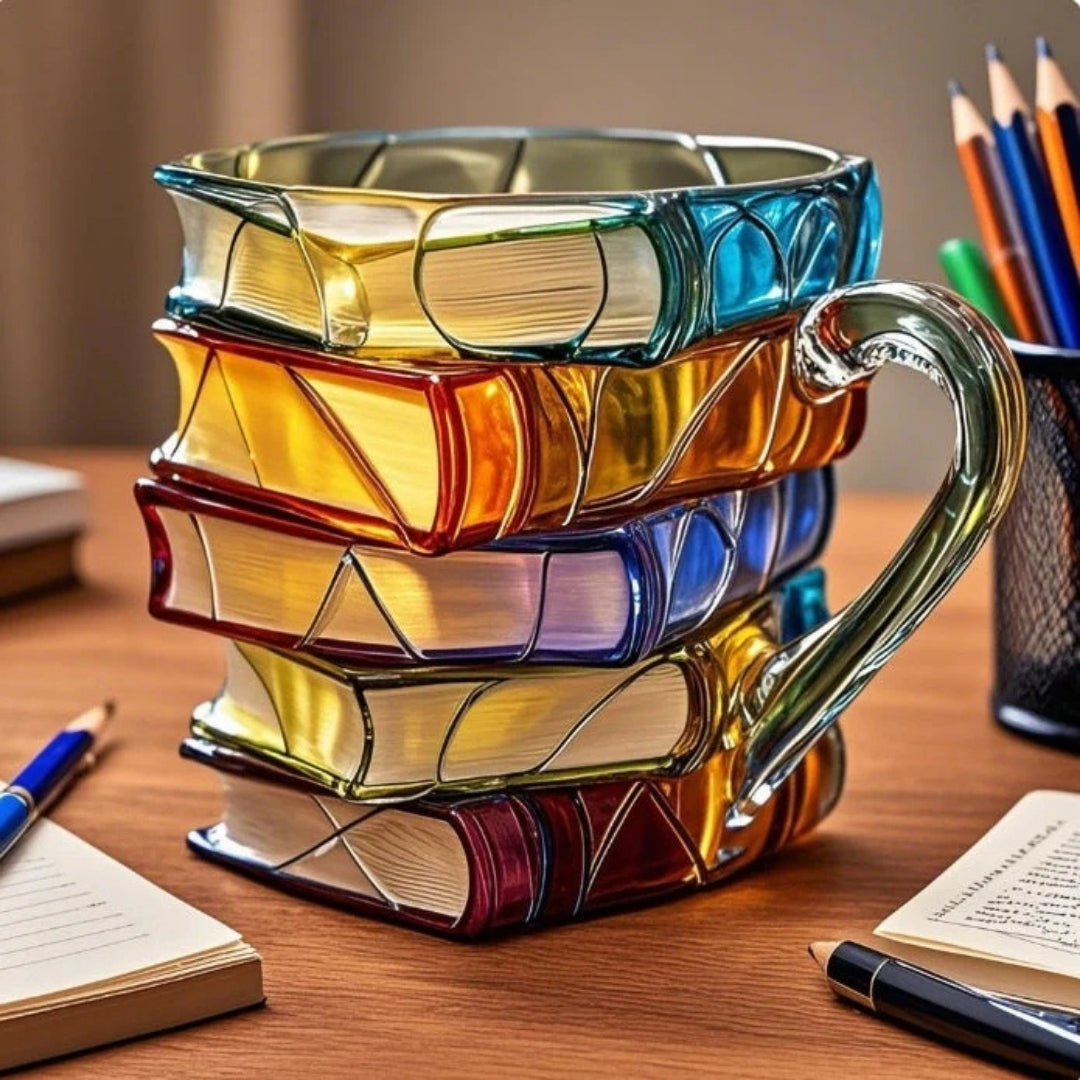 Keramische Beker met 3D Boekendesign Gestapelde Boekruggen Handbeschilderd Literair Cadeau voor Lezers
