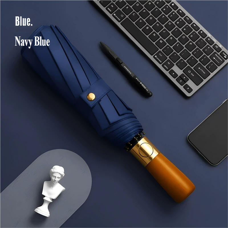Automatische Opvouwbare Paraplu met Houten Handvat Windbestendig Groot Scherm Stijlvolle Regenbescherming