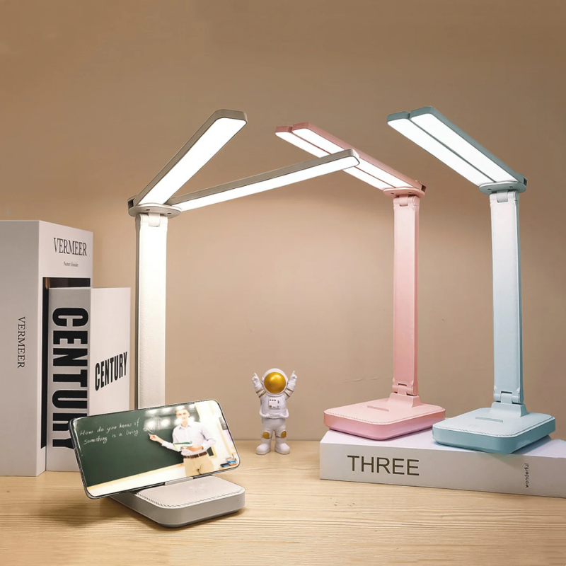 Opvouwbare LED-Bureaulamp met Telefoonhouder Instelbaar Licht 3 Standen USB Oplaadbaar Compact Design