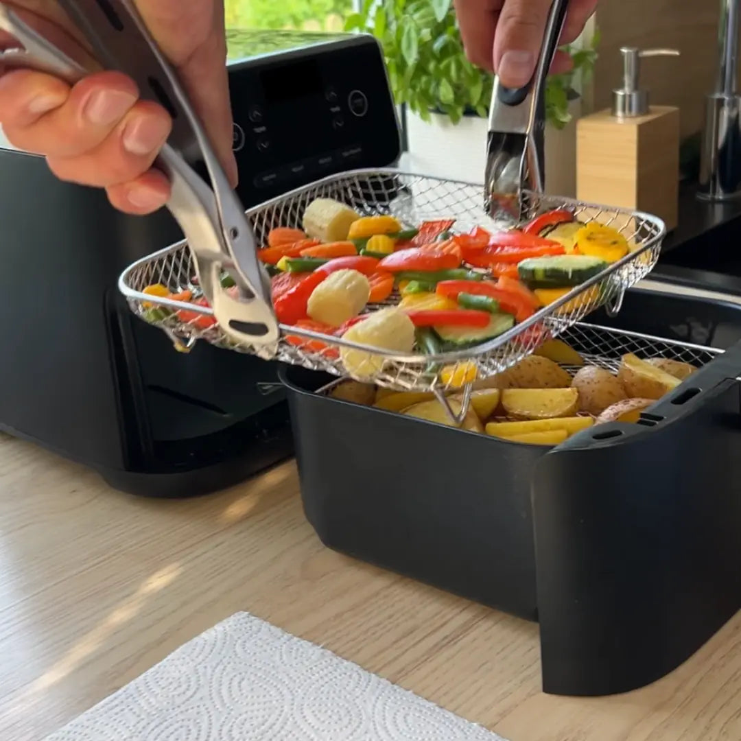 Stapelbare Mandjes voor Heteluchtfriteuses - RVS 304 - Inclusief 2 Hittebestendige Tangen - Rond, Rechthoekig of Vierkant