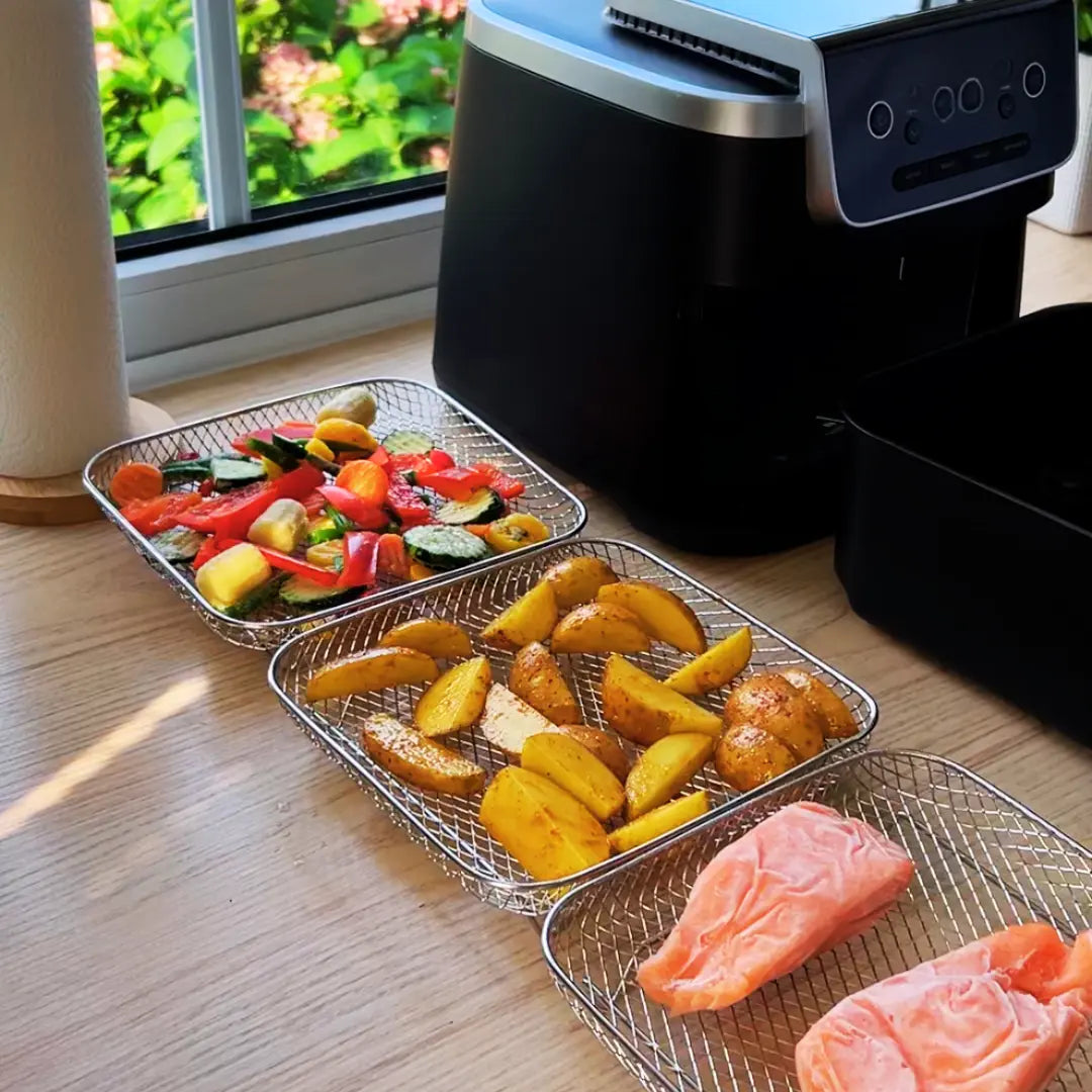 Stapelbare Mandjes voor Heteluchtfriteuses - RVS 304 - Inclusief 2 Hittebestendige Tangen - Rond, Rechthoekig of Vierkant