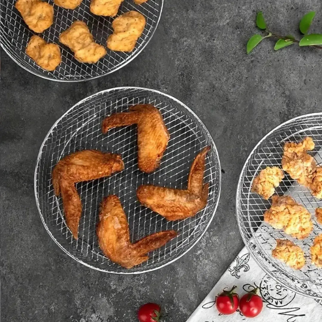Stapelbare Mandjes voor Heteluchtfriteuses - RVS 304 - Inclusief 2 Hittebestendige Tangen - Rond, Rechthoekig of Vierkant