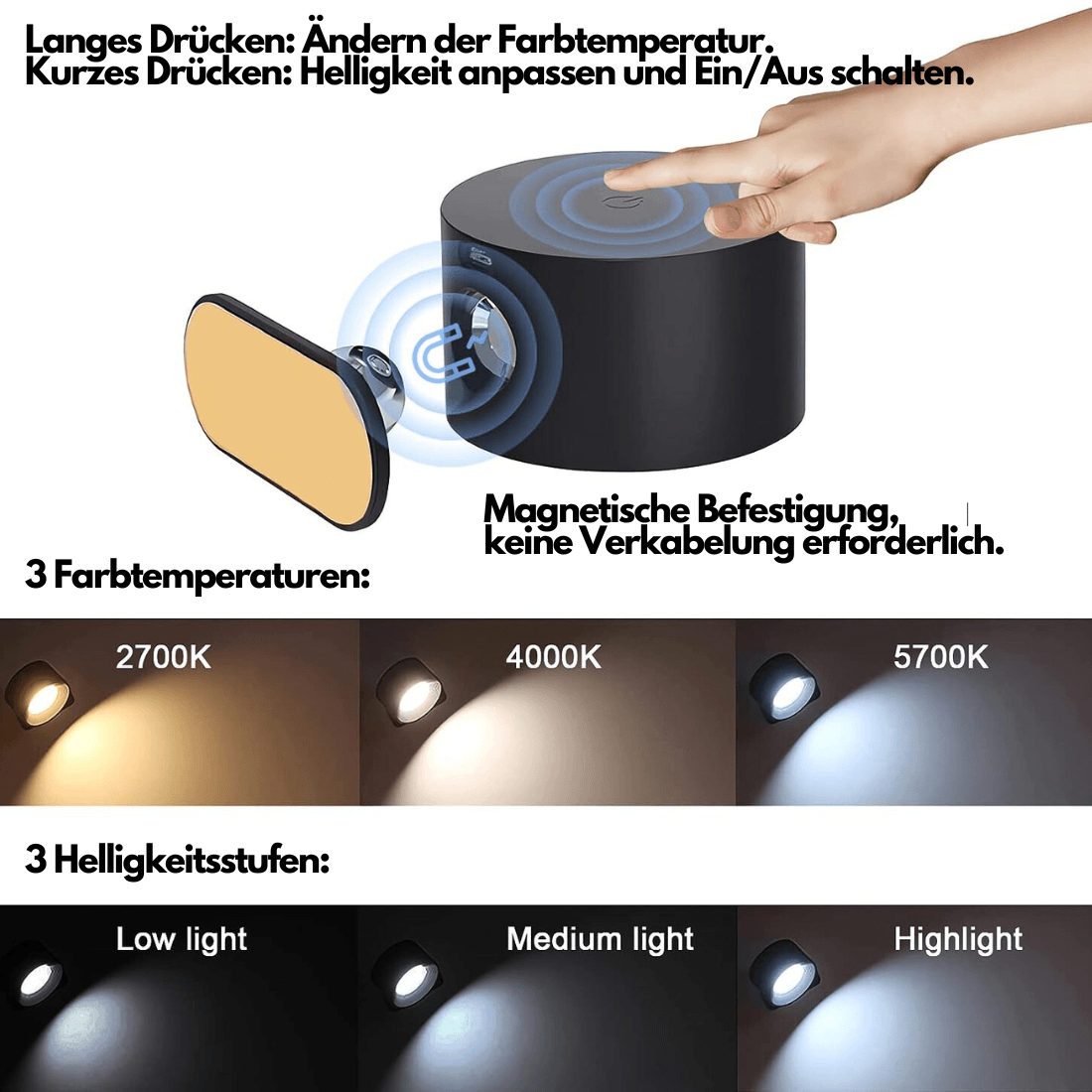 Draadloze Wandlamp Verstelbaar 360° LED Oplaadbaar USB Leeslamp Slaapkamer Woonkamer Hal Batterij Dimbaar