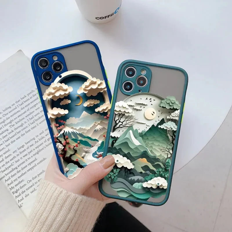 Berglandschap iPhone Hoesje Siliconen met Contrastknoppen Beschermhoes voor iPhone 11 12 13 14 15 16 17 Pro Max