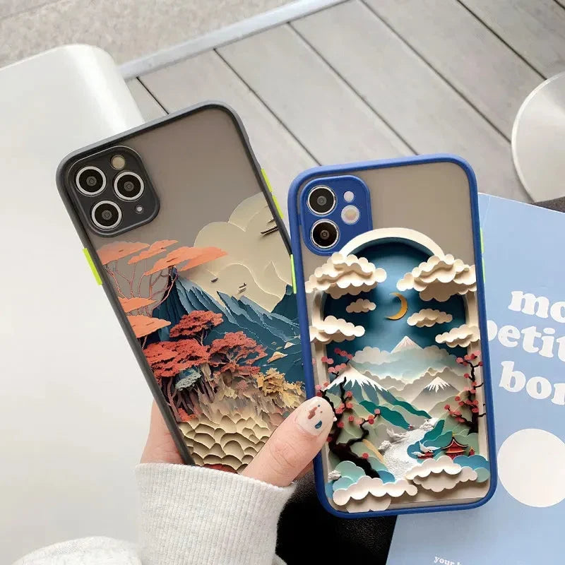 Berglandschap iPhone Hoesje Siliconen met Contrastknoppen Beschermhoes voor iPhone 11 12 13 14 15 16 17 Pro Max