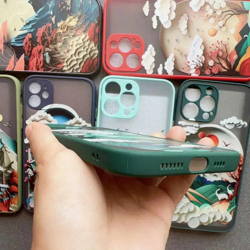 Berglandschap iPhone Hoesje Siliconen met Contrastknoppen Beschermhoes voor iPhone 11 12 13 14 15 16 17 Pro Max