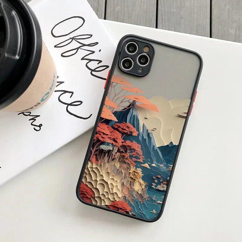 Berglandschap iPhone Hoesje Siliconen met Contrastknoppen Beschermhoes voor iPhone 11 12 13 14 15 16 17 Pro Max
