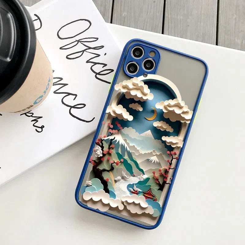Berglandschap iPhone Hoesje Siliconen met Contrastknoppen Beschermhoes voor iPhone 11 12 13 14 15 16 17 Pro Max