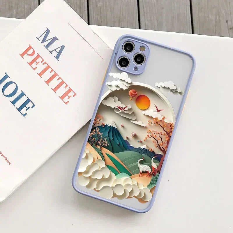Berglandschap iPhone Hoesje Siliconen met Contrastknoppen Beschermhoes voor iPhone 11 12 13 14 15 16 17 Pro Max
