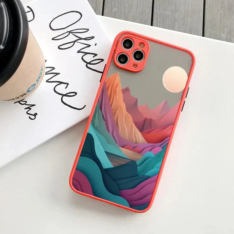 Berglandschap iPhone Hoesje Siliconen met Contrastknoppen Beschermhoes voor iPhone 11 12 13 14 15 16 17 Pro Max