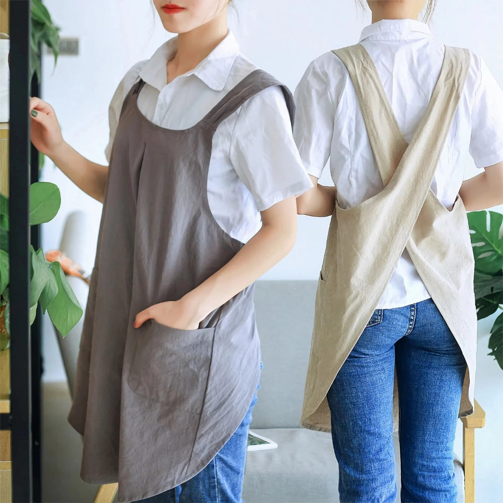 Koreaans geïnspireerd cross-back schort - linnen katoenen keukenschort met kruisbanden en zakken - tuinschort voor koken en bakken