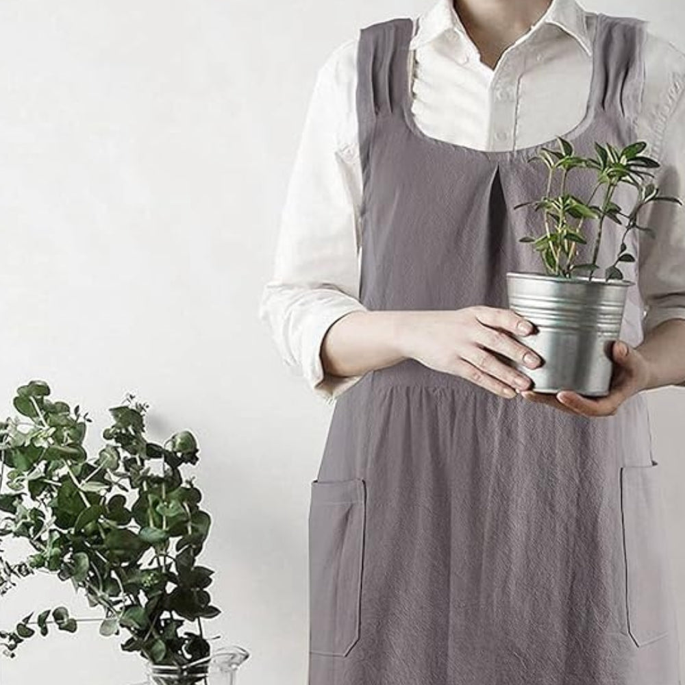 Koreaans geïnspireerd cross-back schort - linnen katoenen keukenschort met kruisbanden en zakken - tuinschort voor koken en bakken