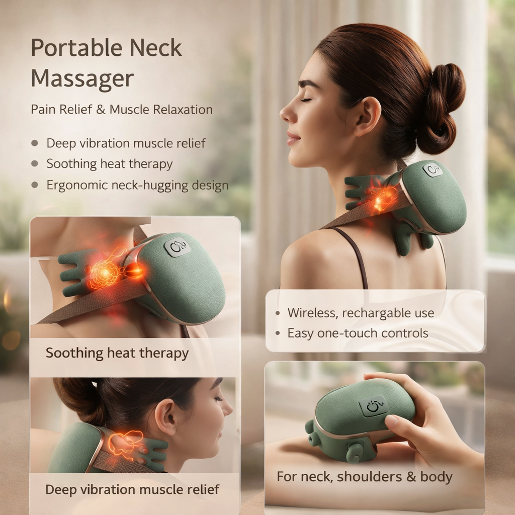 Nekmassager met Warmtefunctie Draadloos Vibratie Therapie Spierspanning Verlichting Ontspanning Wellness