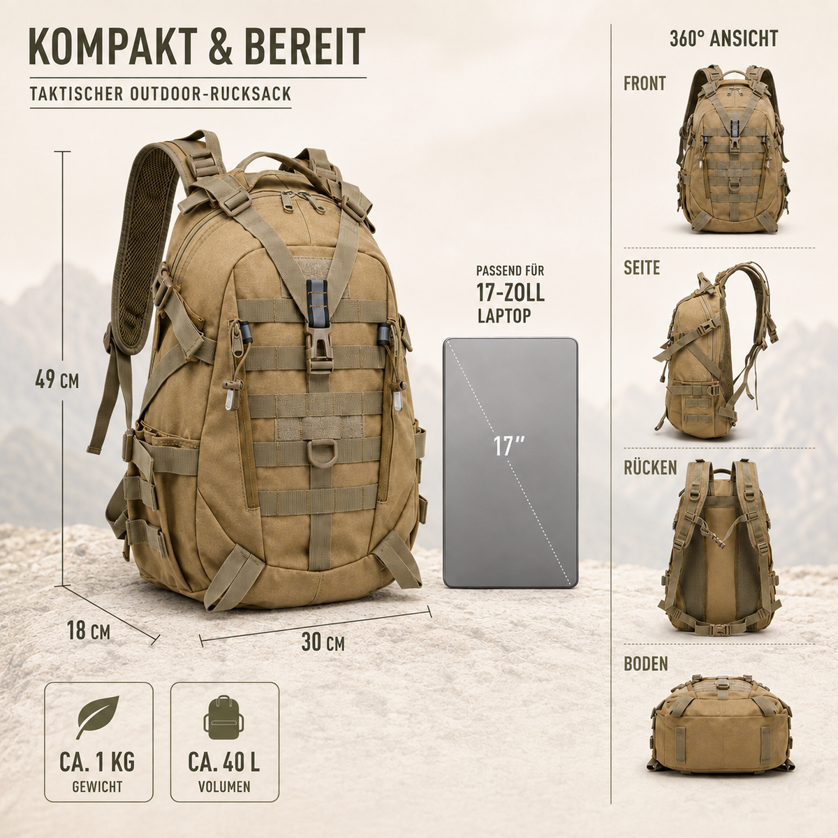 Tactische Rugzak 40 Liter Waterdicht met Laptopvak Militair Outdoor Wandelrugzak Camouflage Zwart Hiking