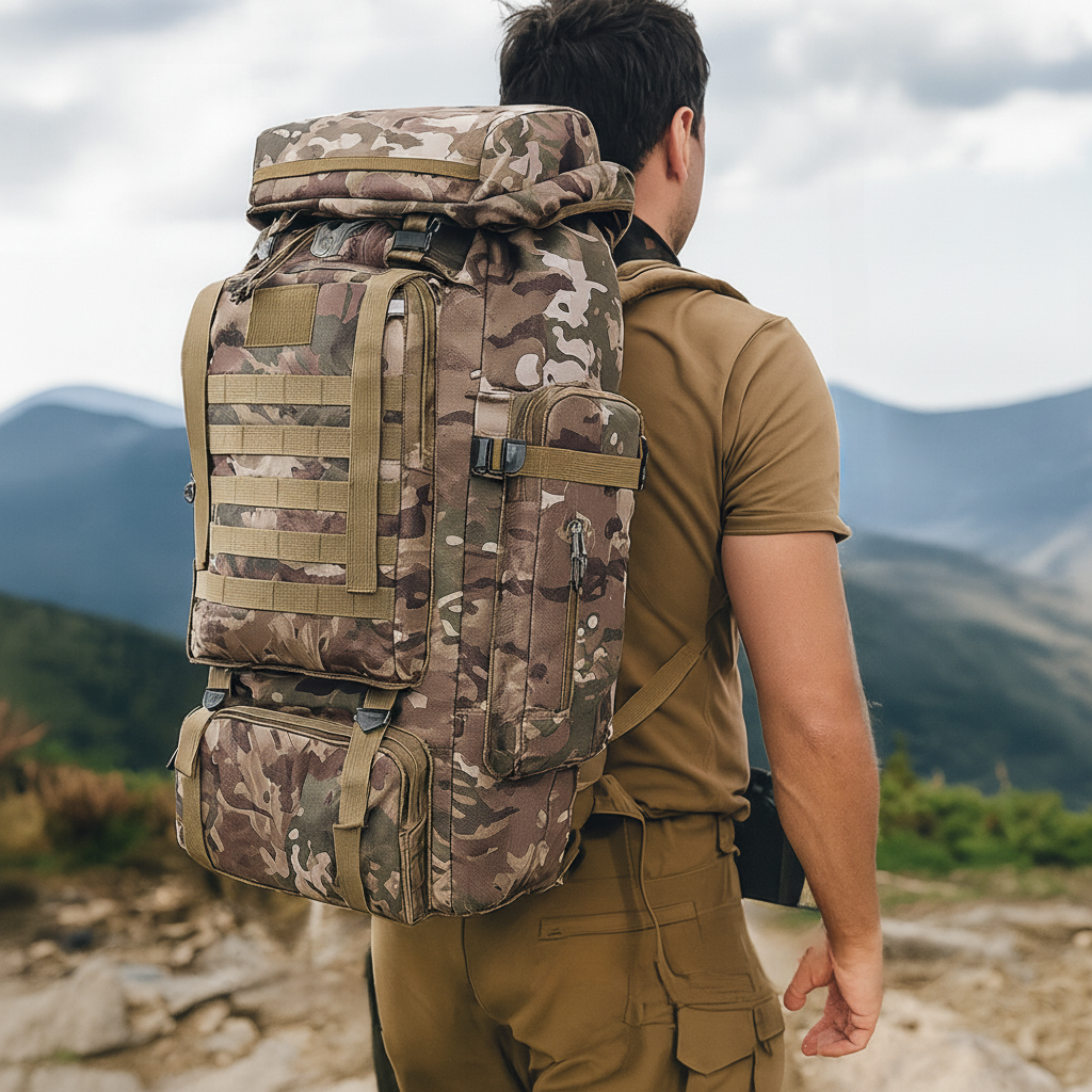 Trekkingrugzak 80 Liter met MOLLE Systeem Ergonomisch Outdoor Backpack Camouflage Khaki Zwart Wandelen