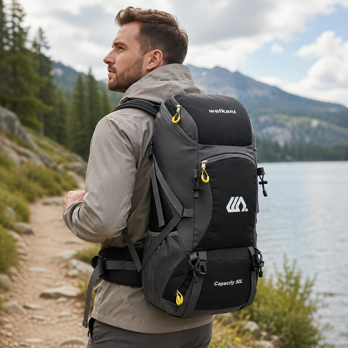Outdoor Rugzak 50L met Schoenenvak Ademend Rugpaneel Verstelbare Heupgordel Waterdicht Trekking Backpack