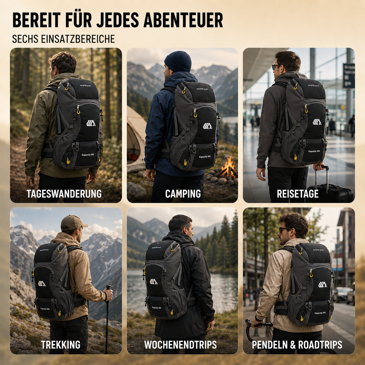 Outdoor Rugzak 50L met Schoenenvak Ademend Rugpaneel Verstelbare Heupgordel Waterdicht Trekking Backpack