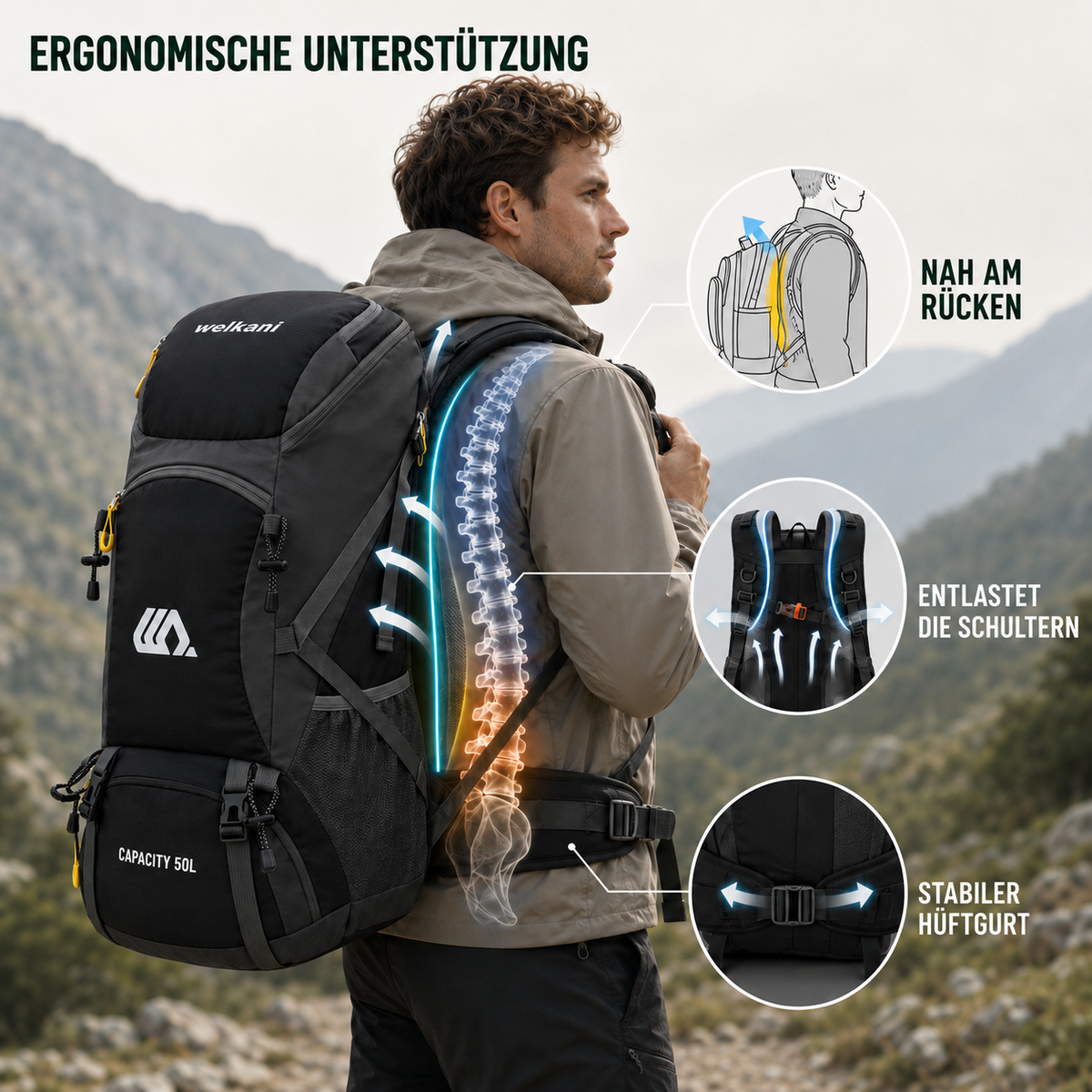 Outdoor Rugzak 50L met Schoenenvak Ademend Rugpaneel Verstelbare Heupgordel Waterdicht Trekking Backpack