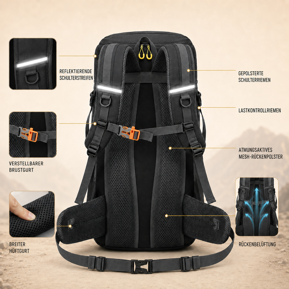 Outdoor Rugzak 50L met Schoenenvak Ademend Rugpaneel Verstelbare Heupgordel Waterdicht Trekking Backpack