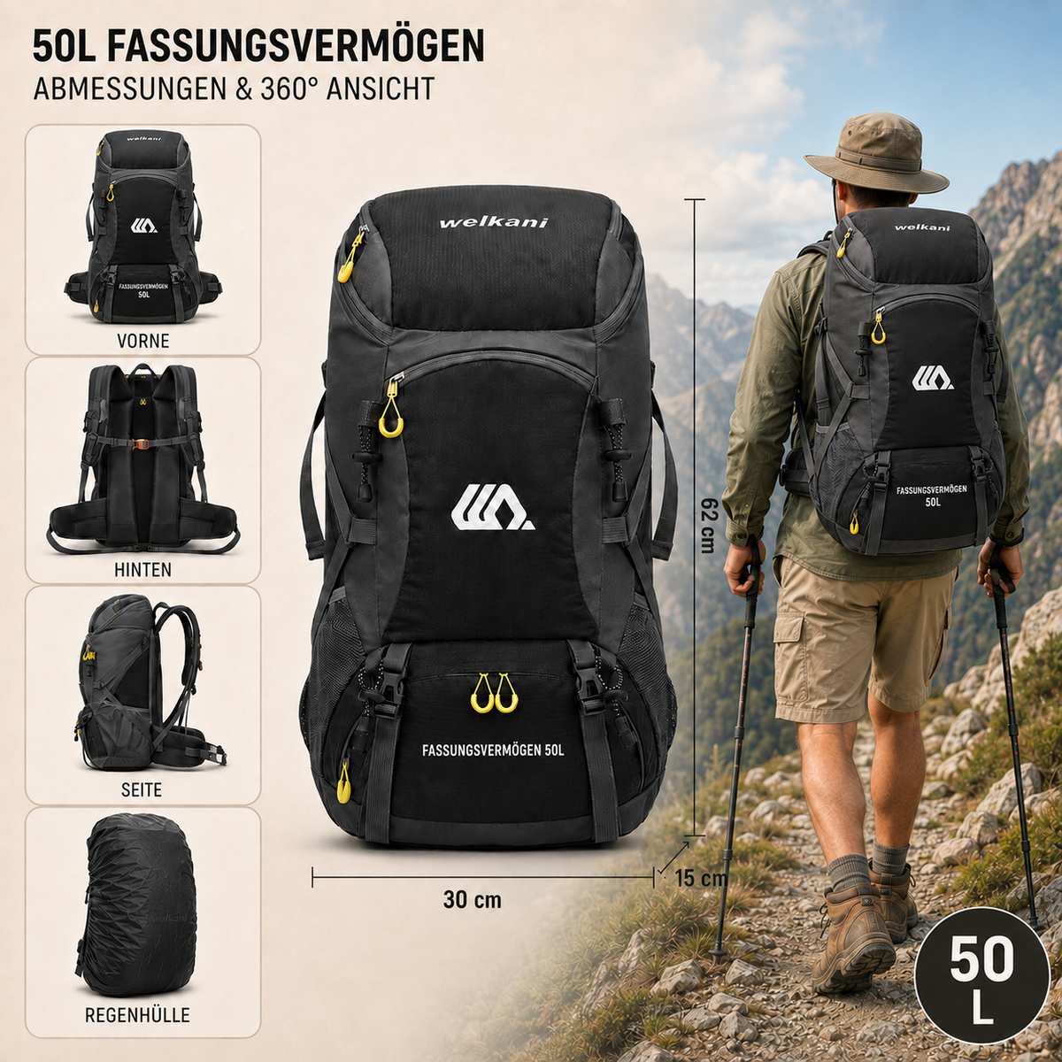 Outdoor Rugzak 50L met Schoenenvak Ademend Rugpaneel Verstelbare Heupgordel Waterdicht Trekking Backpack