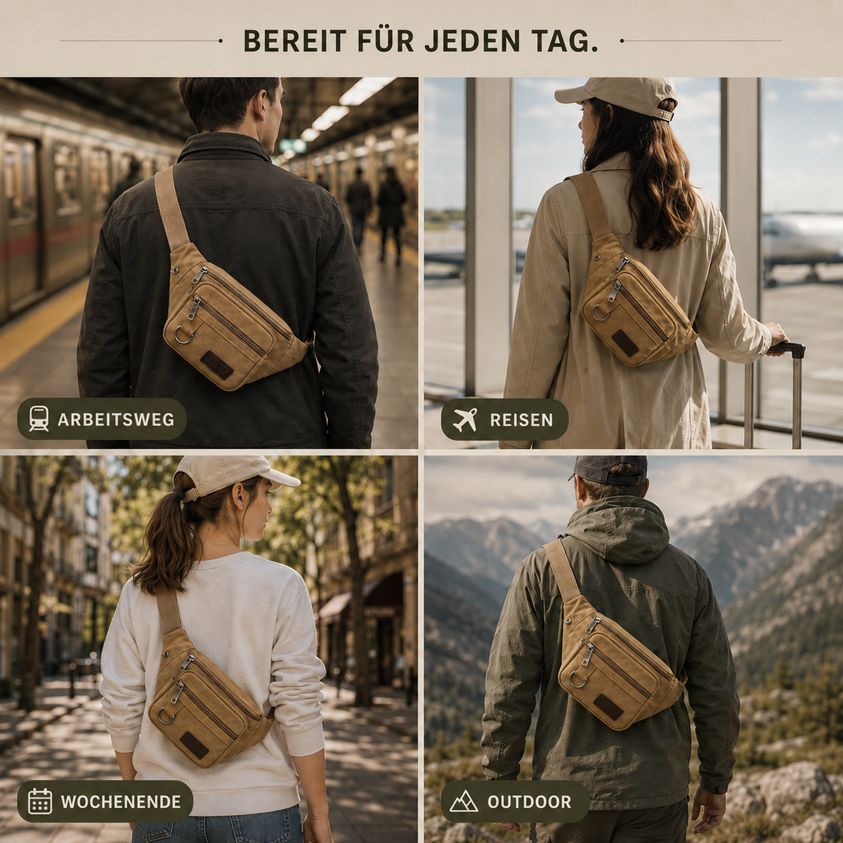Canvas Heuptas met Meerdere Vakken Unisex Crossbody Reistas voor Dagelijks Gebruik en Buitenactiviteiten
