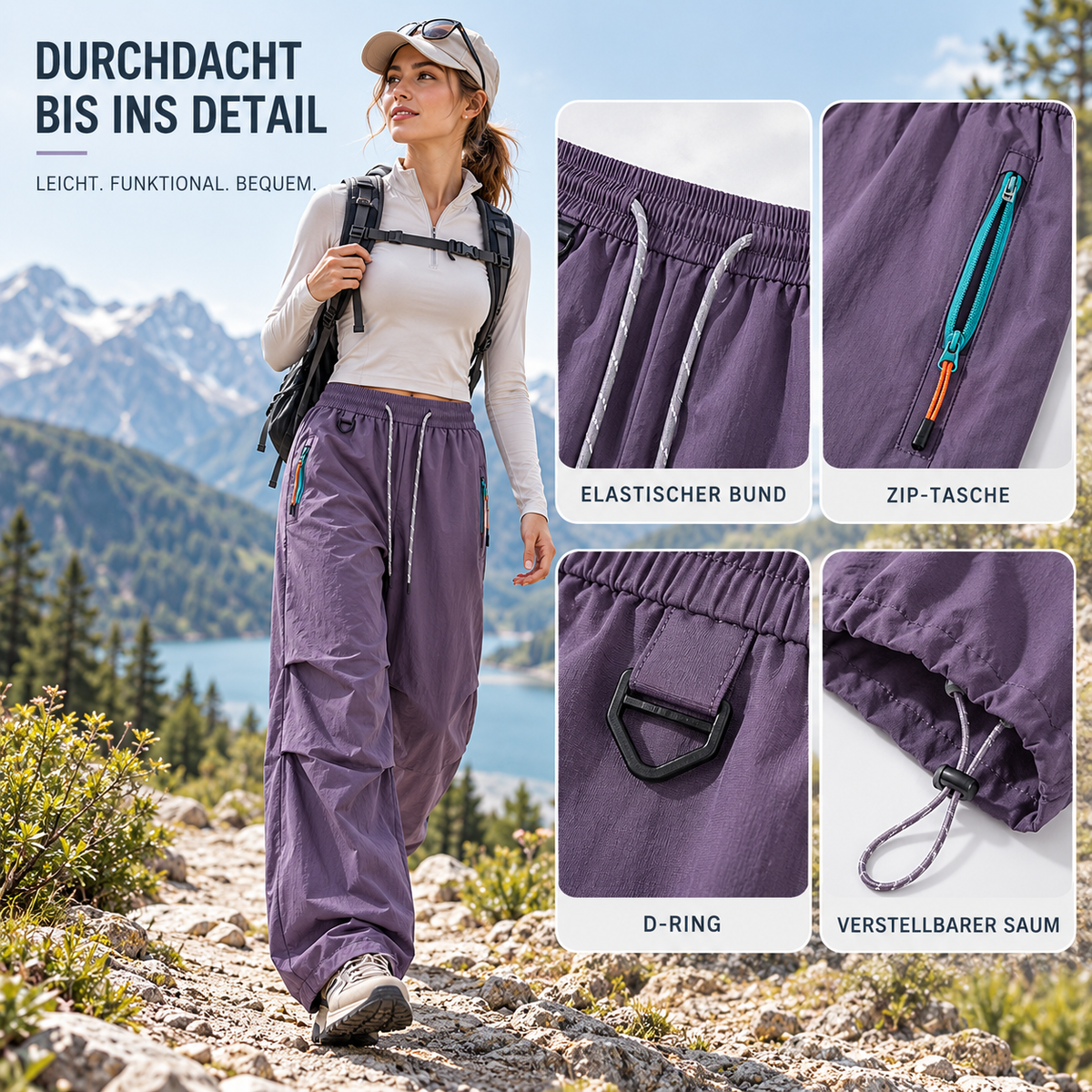 Waterdichte wandelbroek dames met elastische band verstelbare pijpen ademend outdoor hiking trekking