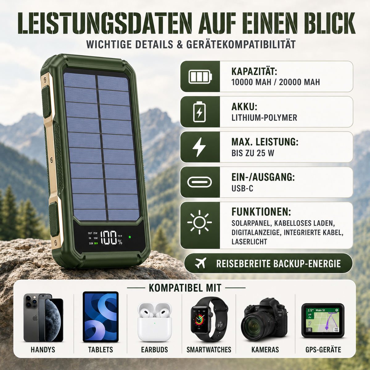 Draagbare Powerbank met Zonnepaneel 10000-20000mAh USB-C Snelladen Wireless Charging Outdoor Camping